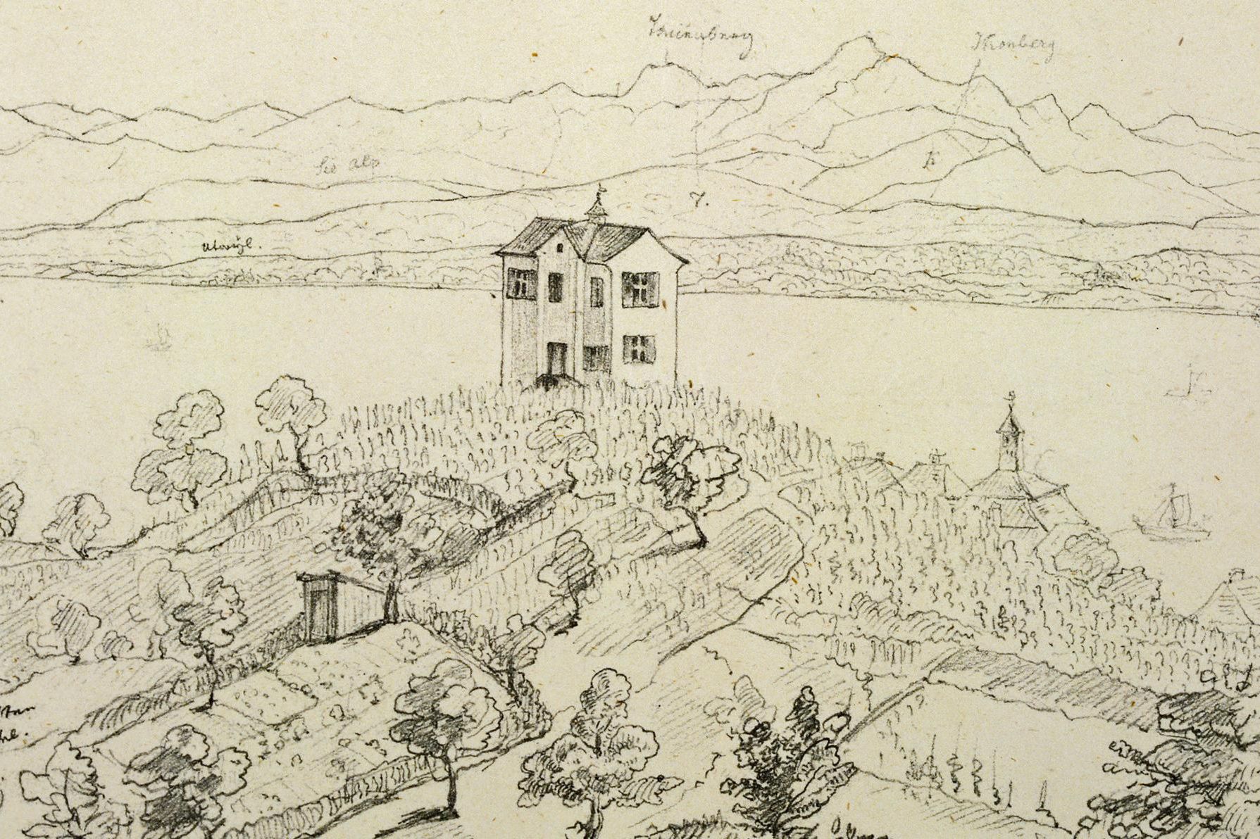 Fürstenhäusle Meersburg, Zeichnung von Leonhard Hohbach von 1846